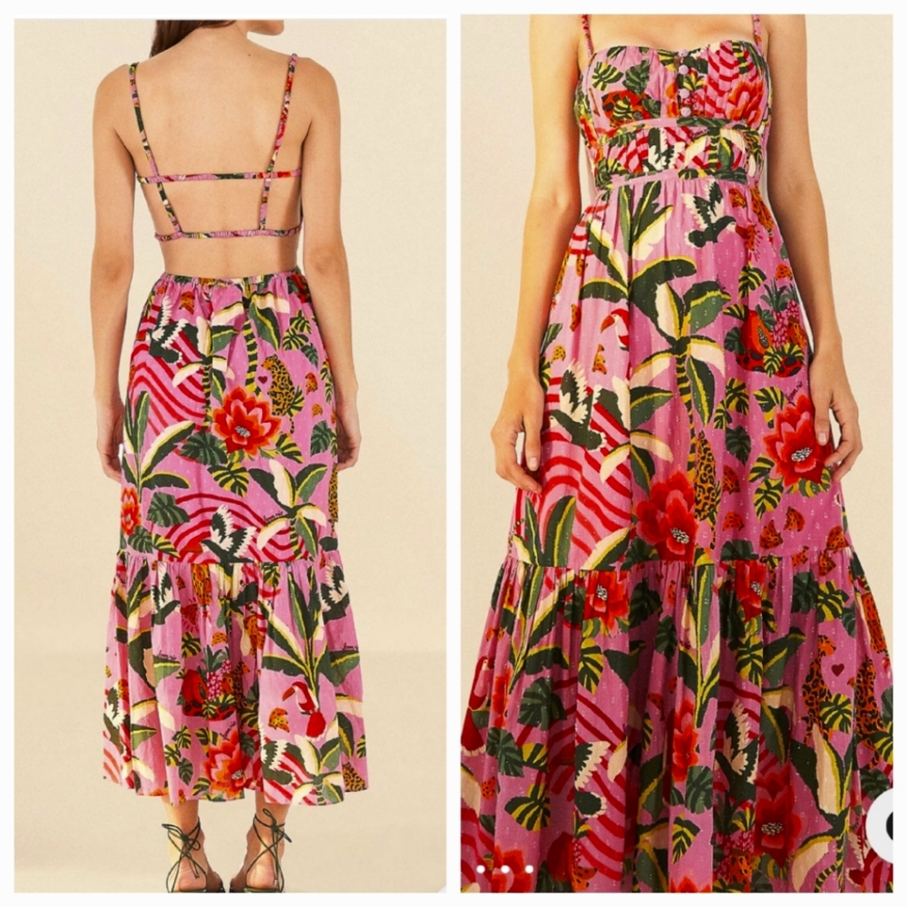 FARM Rio Pink Sundress Midi Sleeveless Spaghetti Strap